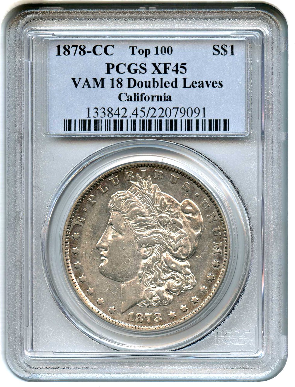 image for: Top 100 VAM: 1878-CC $1 PCGS XF45 (VAM-18, Doubled Leaves)