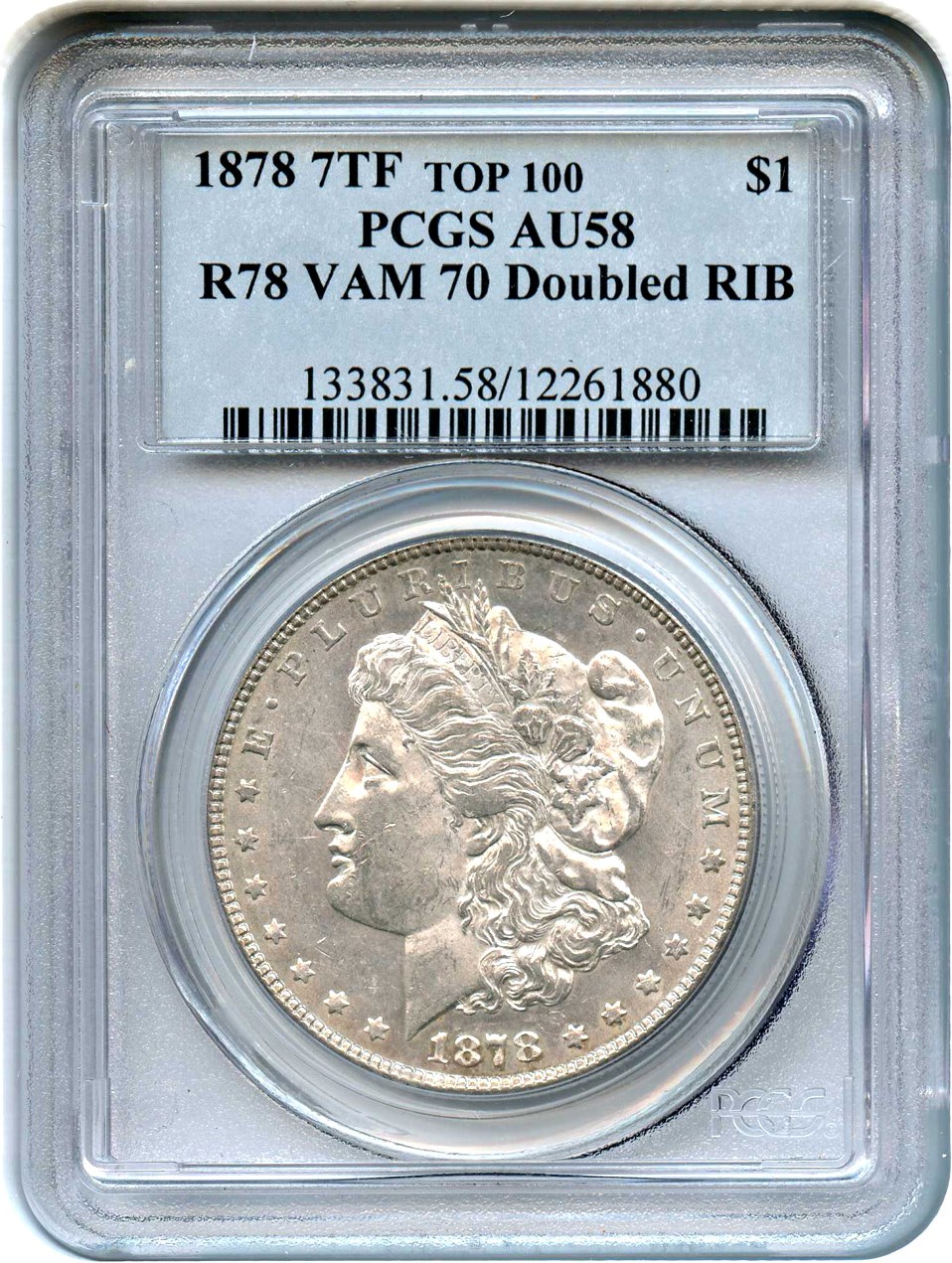 image for: Top 100 VAM: 1878 7TF $1 PCGS AU58 (Reverse of 1878, VAM-70, Doubled RIB)