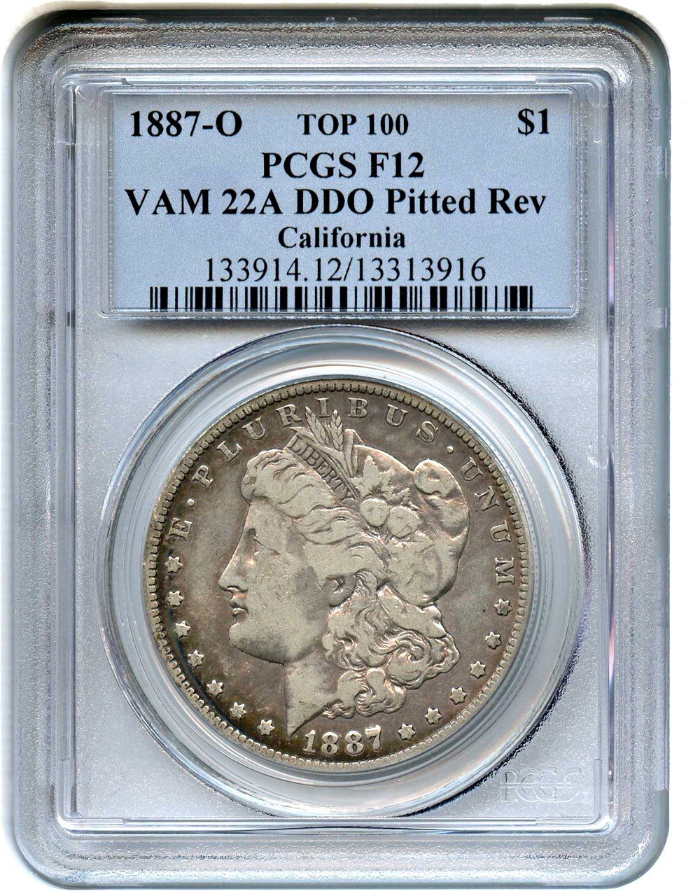 image for: Top 1000 VAM: 1887-O $1 PCGS F12 (VAM-22A, DDO, Pitted Rev)