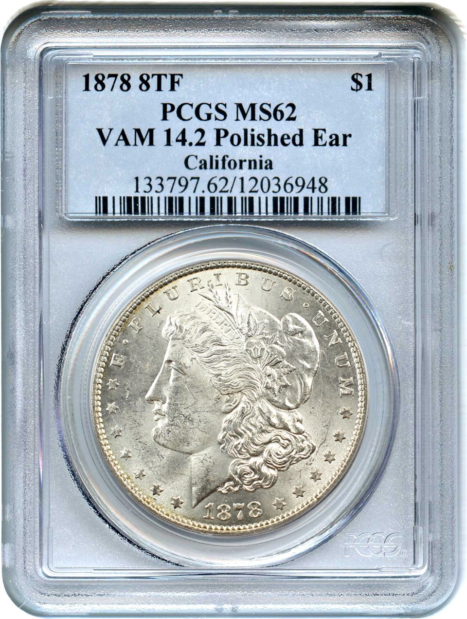 image for: 1878 8TF $1 PCGS MS62 (VAM-14.2, Polished Ear)