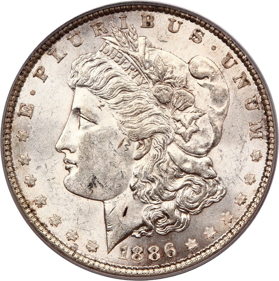 image for: Top 100 VAM: 1886 $1 PCGS AU58 (VAM-21, Line in M, MPD)