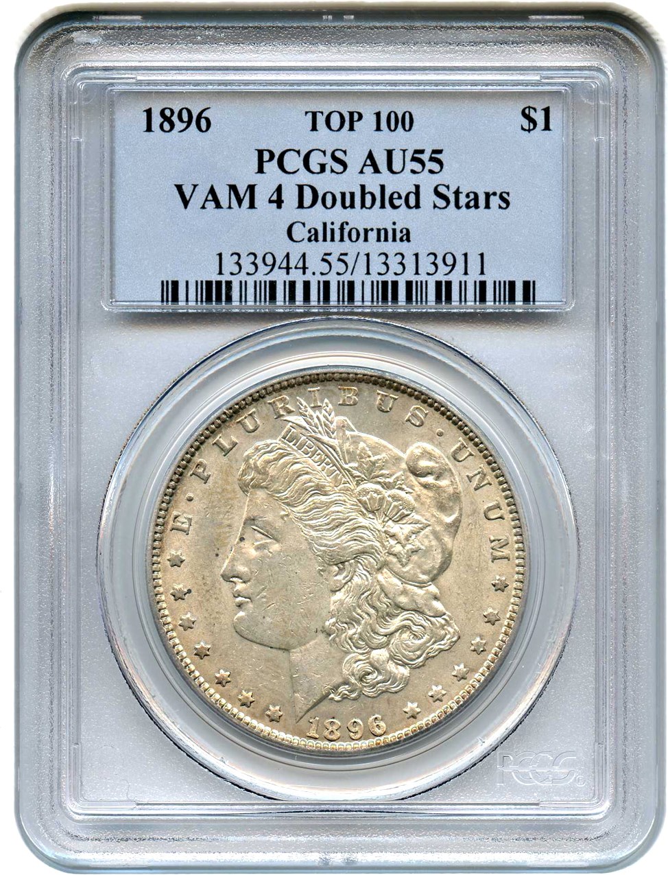 image for: Top 100 VAM: 1896 $1 PCGS AU55 (VAM-4, Doubled Stars)