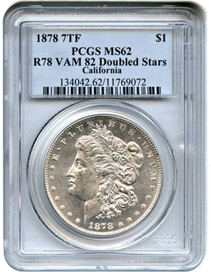 image for: 1878 7TF $1 PCGS MS62 (Reverse of 1878, VAM-82 Doubled Stars)