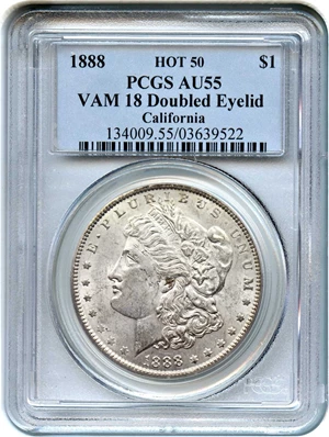 image for: Hot 50 VAM: 1888 $1 PCGS AU55 (VAM-18, Doubled Eyelid)