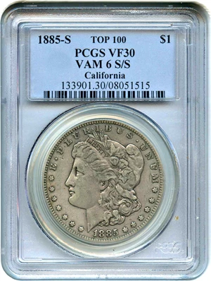 image for: Top 100 VAM: 1885-S $1 PCGS VF30 (VAM-6, S/S)