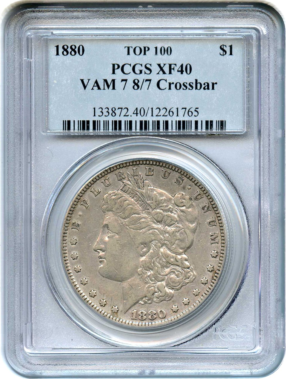 image for: Top 100 VAM: 1880 $1 PCGS XF40 (VAM-7, 8/7, Crossbar)