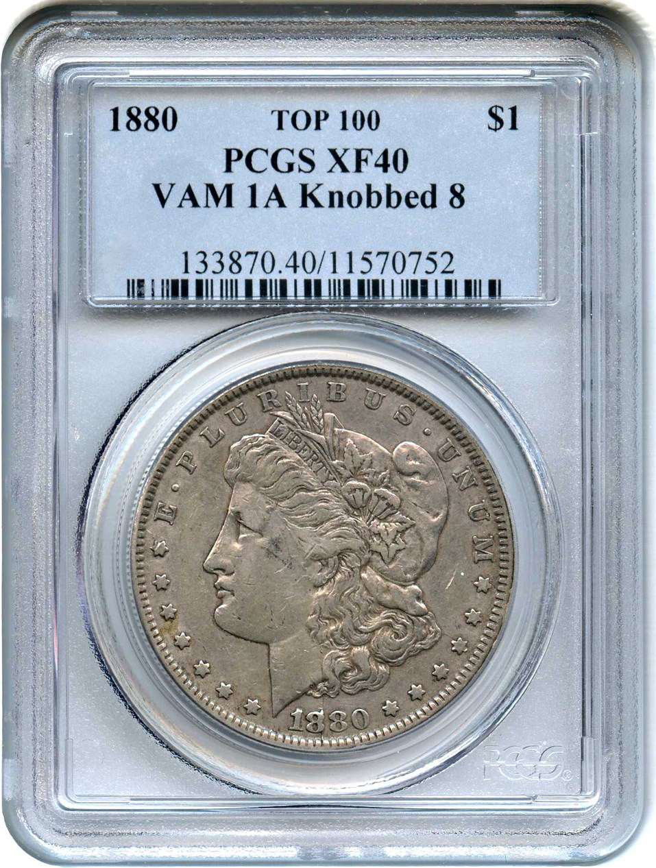 image for: Top 100 VAM: 1880 $1 PCGS XF40 (VAM-1A, Knobbed 8)