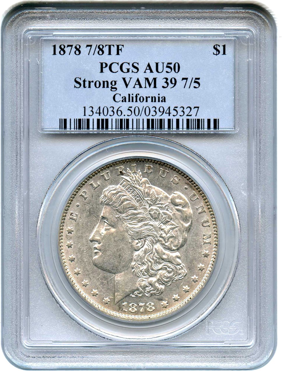 image for: 1878 7/8TF $1 PCGS AU50 (Strong, VAM-39, 7/5)