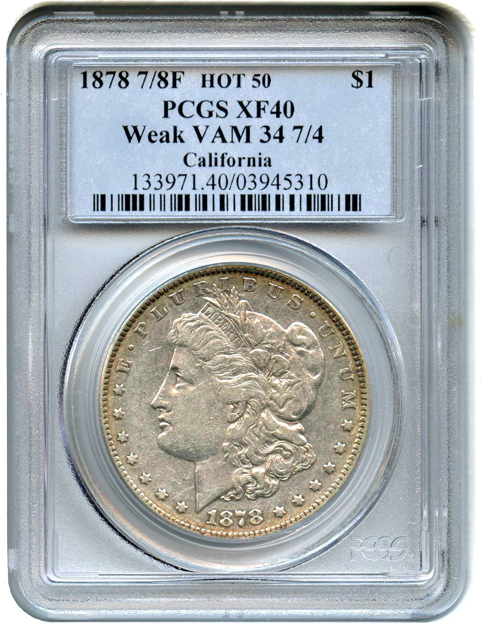 image for: Hot 50 VAM: 1878 7/8TF $1 PCGS XF40 (Weak, VAM-34, 7/4)