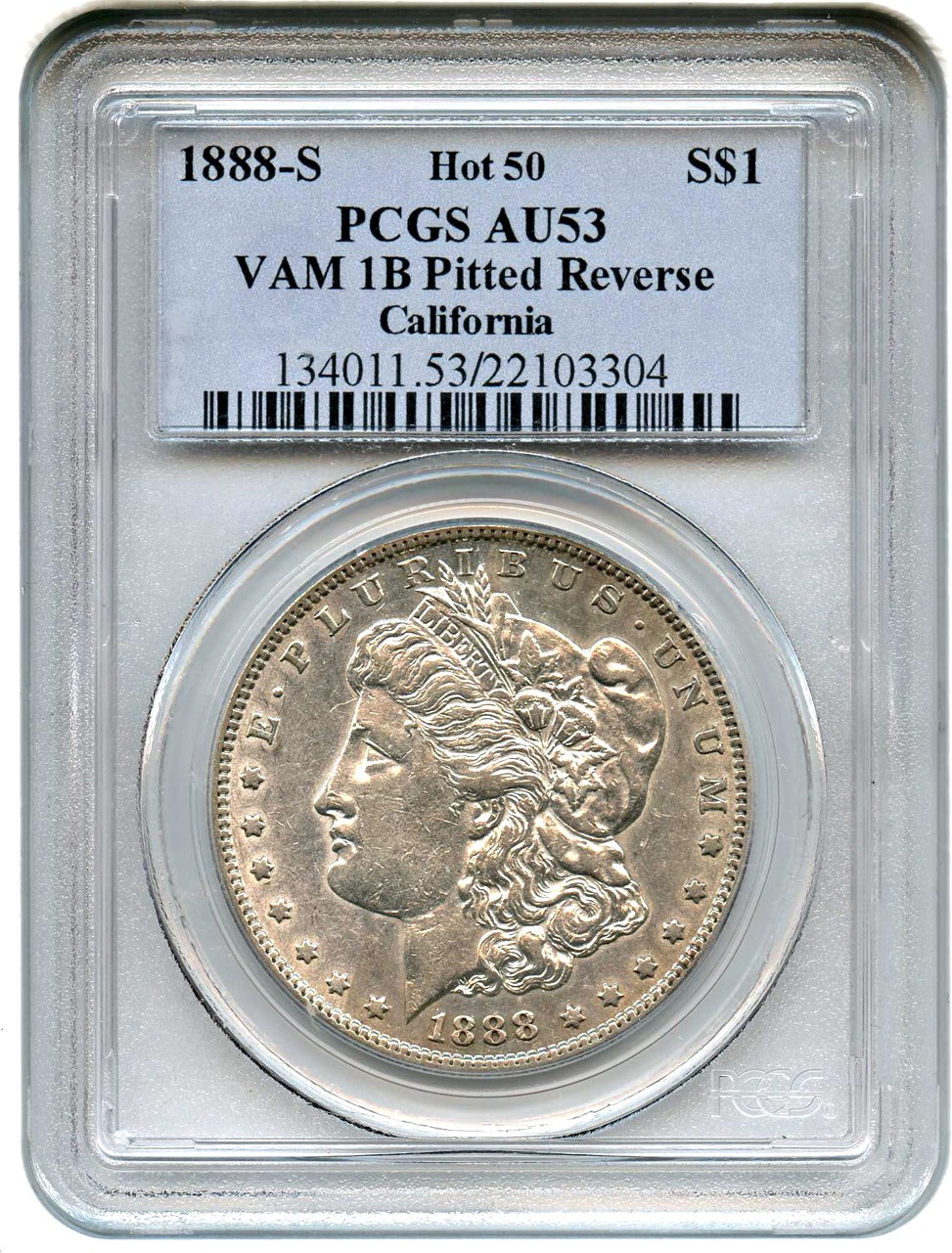 image for: Hot 50 VAM: 1888-S $1 PCGS AU53 (VAM-1B, Pitted Reverse)