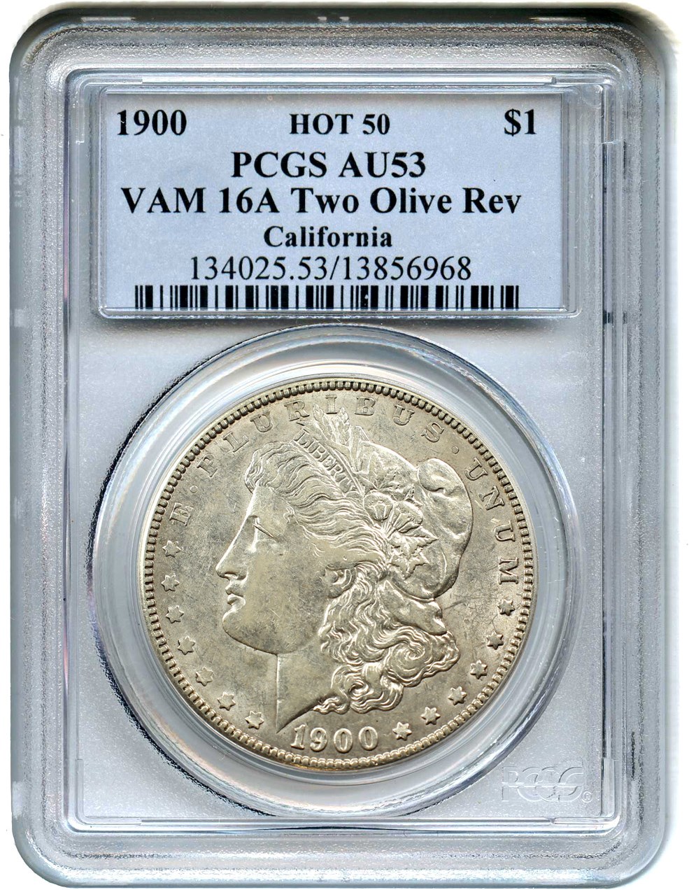 image for: Hot 50 VAM: 1900 $1 PCGS AU53 (VAM-16A, Two Olive Rev)
