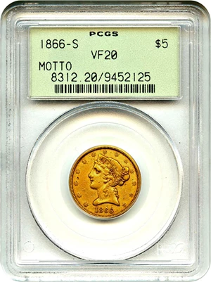 image for: 1866-S $5 PCGS VF20 (Motto, OGH)