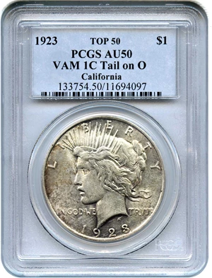 image for: Top 50 VAM: 1923 $1 PCGS AU50 (VAM-1C, Tail on O)