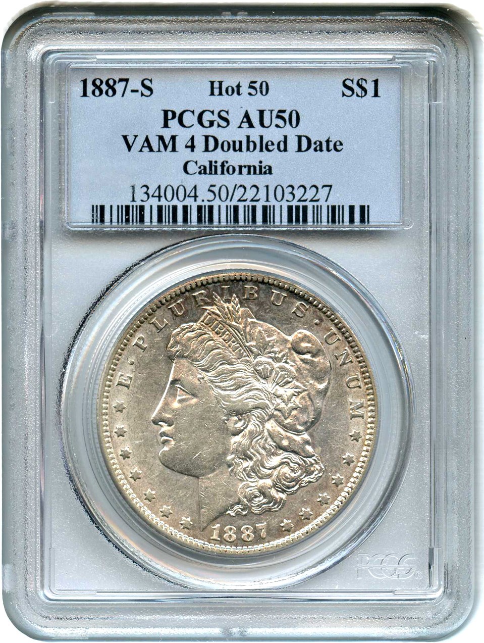 image for: Hot 50 VAM: 1887-S $1 PCGS AU50 (VAM-4, Doubled Date)