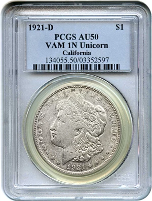 image for: 1921-D $1 PCGS AU50 (VAM-1N, Unicorn)