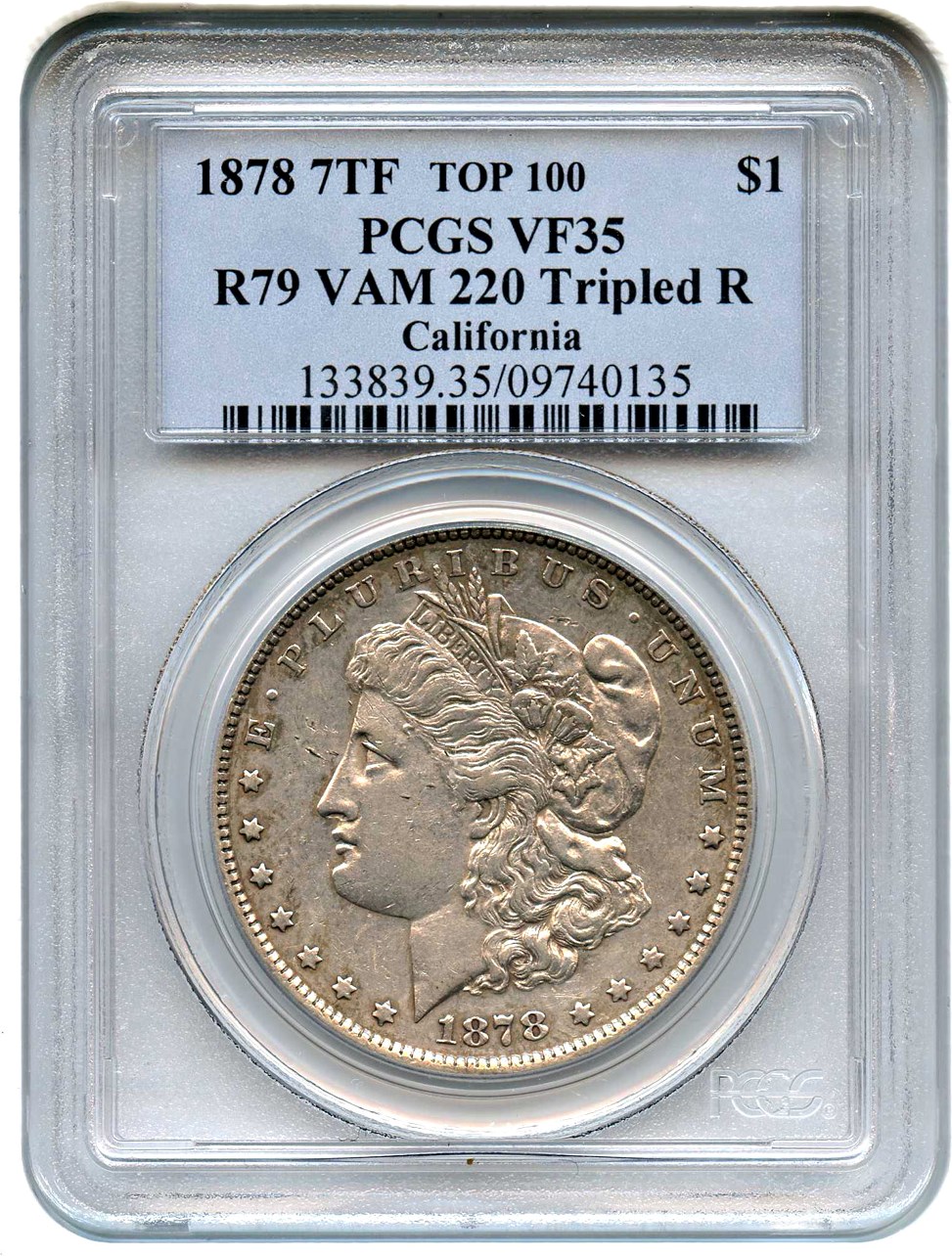 image for: Top 100 VAM: 1878 7TF $1 PCGS VF35 (Reverse of 1879, VAM-220, Tripled R)