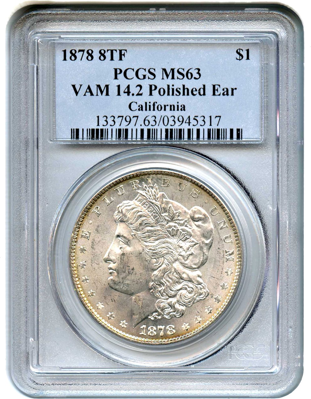 image for: 1878 8TF $1 PCGS MS63 (VAM-14.2, Polished Ear)