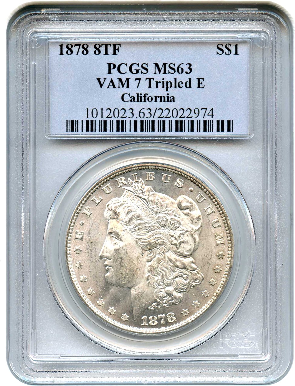 image for: 1878 8TF $1 PCGS MS63 (VAM-7, Tripled E)