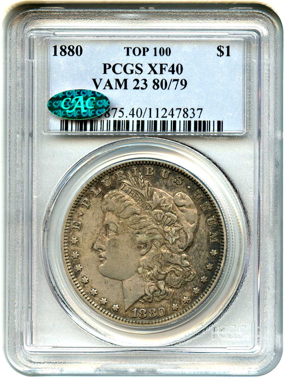 image for: Top 100 VAM: 1880 $1 PCGS/CAC XF40 (VAM-23, 80/79)