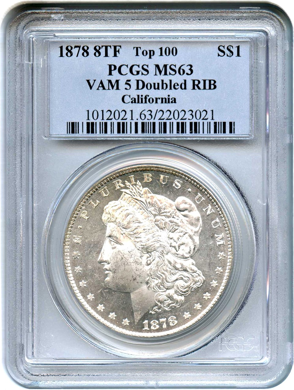 image for: Top 100 VAM: 1878 8TF $1 PCGS MS63 (VAM-5, Doubled RIB)