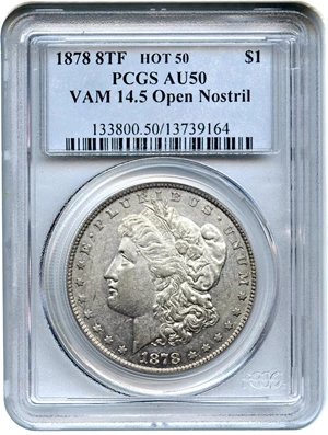 image for: Hot 50 VAM: 1878 8TF $1 PCGS AU50 (VAM-14.5, Open Nostril)