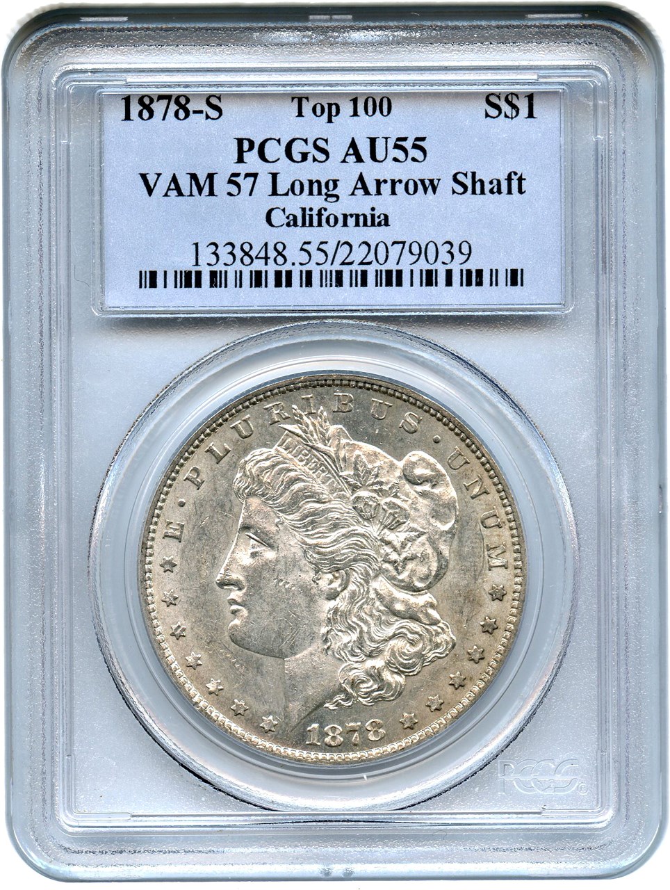 image for: Top 100 VAM: 1878-S $1 PCGS AU55 (VAM-57, Long Arrow Shaft)