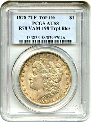 image for: Top 100 VAM: 1878 7TF $1 PCGS AU58 (Reverse of 1878, VAM-198 Trpl Blos)