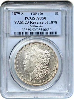 image for: Top 100 VAM: 1879-S $1 PCGS AU50 (VAM-23, Reverse of 1878)