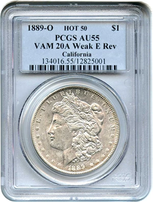 image for: Hot 50 VAM: 1889-O $1 PCGS AU55 (VAM-20A, Weak E Rev)