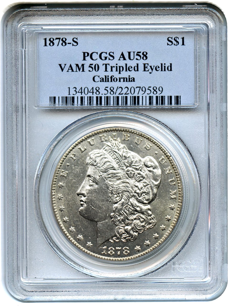 image for: 1878-S $1 PCGS AU58 (VAM-50, Tripled Eyelid)