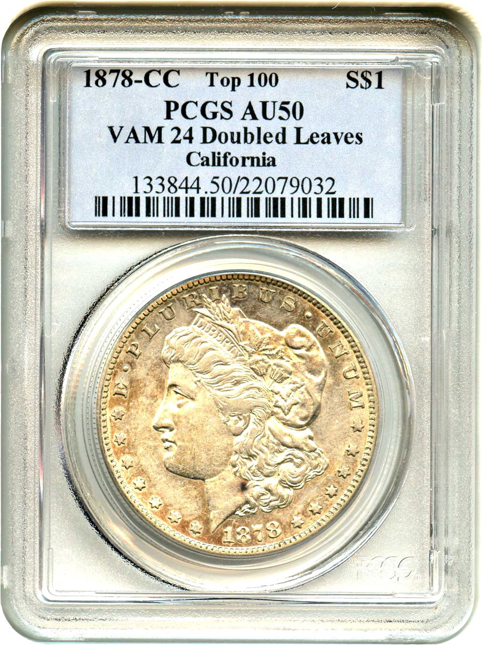 image for: Top 100 VAM: 1878-CC $1 PCGS AU50 (VAM-24, Doubled Leaves)