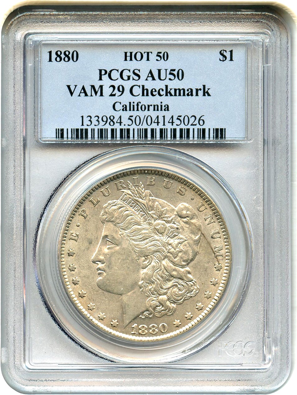 image for: Hot 50 VAM: 1880 $1 PCGS AU50 (VAM-29, Checkmark)