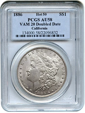 image for: Hot 50 VAM: 1886 $1 PCGS AU58 (VAM-20, Doubled Date)