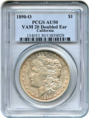 image for: 1890-O $1 PCGS AU50 (VAM-20, Doubled Ear)