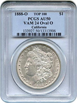 image for: 1888-O $1 PCGS AU50 (VAM-24, Oval O)