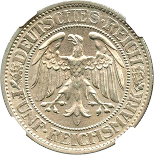 image for: Germany: 1932A Silver 5 Mark NGC MS63 (Oak Tree, KM-56)