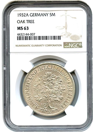image for: Germany: 1932A Silver 5 Mark NGC MS63 (Oak Tree, KM-56)