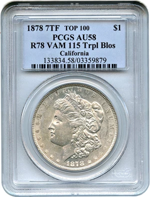 image for: 1878 7TF $1 PCGS AU58 (Reverse of 1878, VAM-115, Trpl Blos)