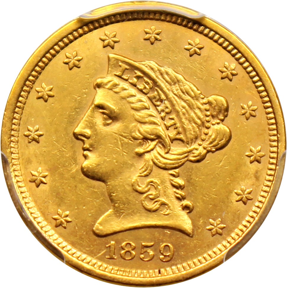 image for: 1859 $2 1/2 PCGS AU58 (New Reverse)