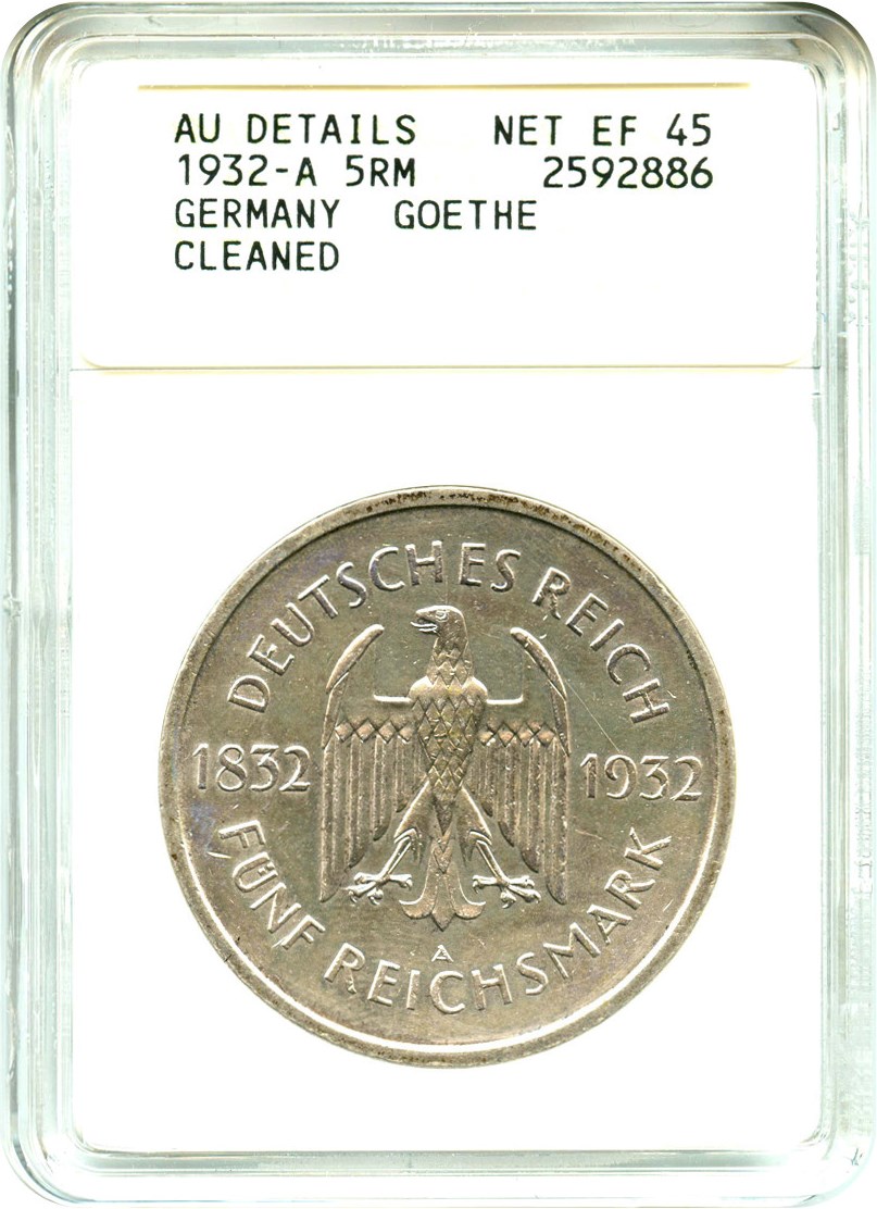 image for: Germany: 1932-A Silver 5 Mark ANACS AU Details (Cleaned, Goethe, KM-77)