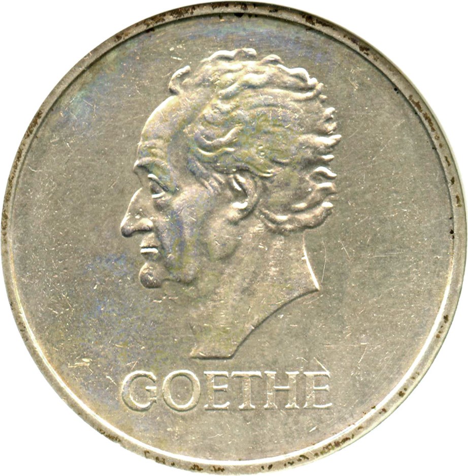 image for: Germany: 1932-A Silver 5 Mark ANACS AU Details (Cleaned, Goethe, KM-77)