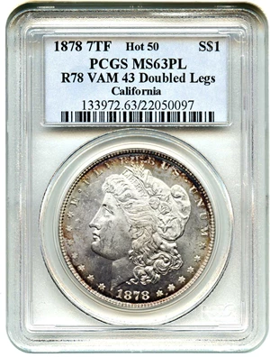image for: 1878 7TF $1 PCGS MS63 PL (Reverse of 1878, VAM-43 Doubled Legs)