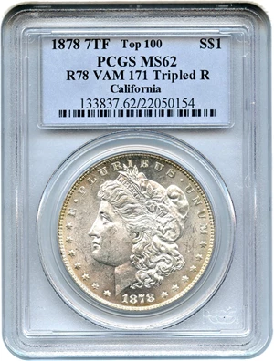 image for: 1878 7TF $1 PCGS MS62 (Reverse of 1878, VAM-171, Tripled R)