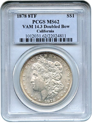 image for: 1878 8TF $1 PCGS MS62 (VAM-14.3, Doubled Bow)
