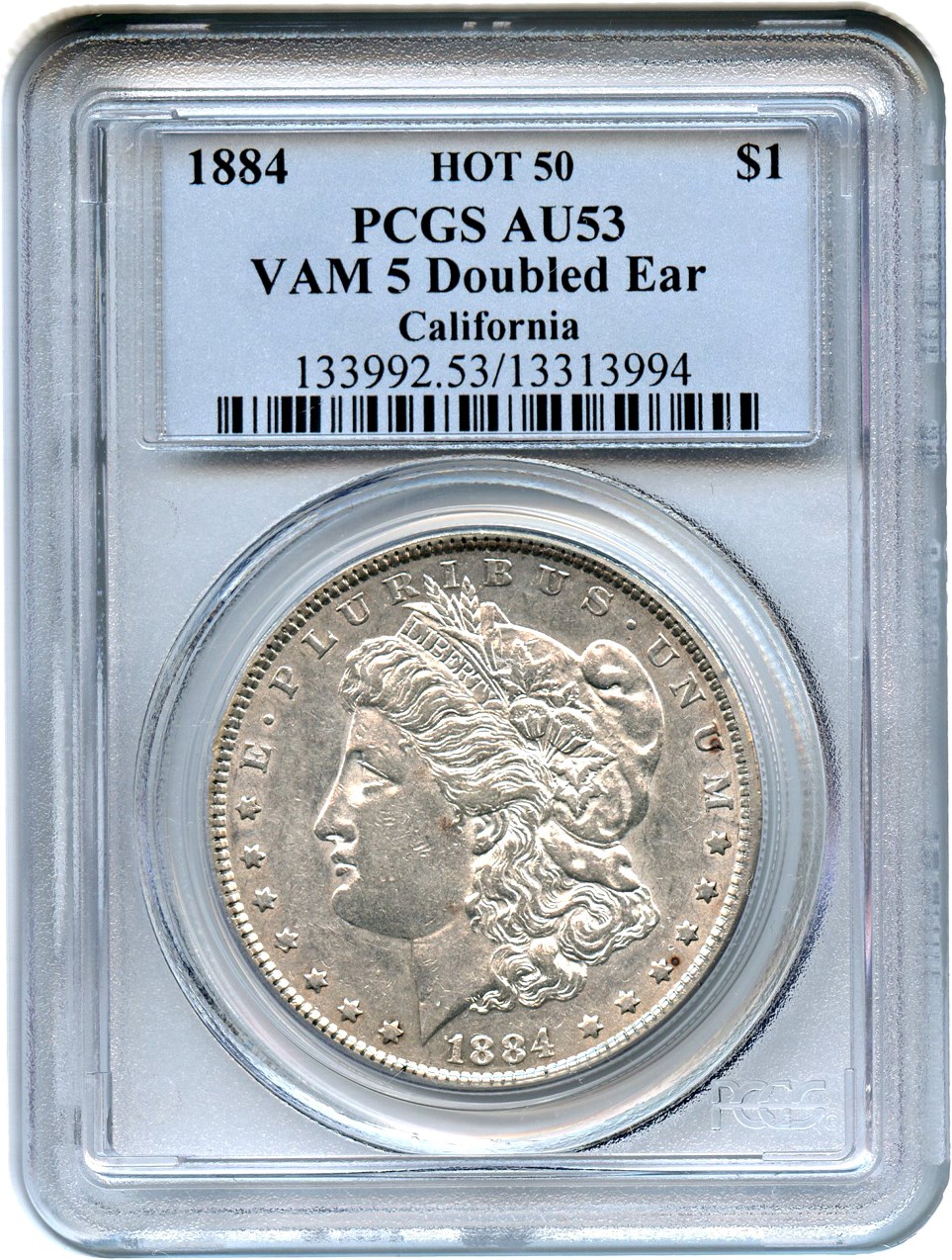 image for: 1884 $1 PCGS AU53 (VAM-5, Doubled Ear)