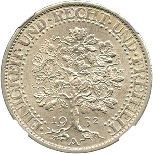 image for: Germany: 1932A Silver 5 Mark NGC MS63 (Oak Tree, KM-56)
