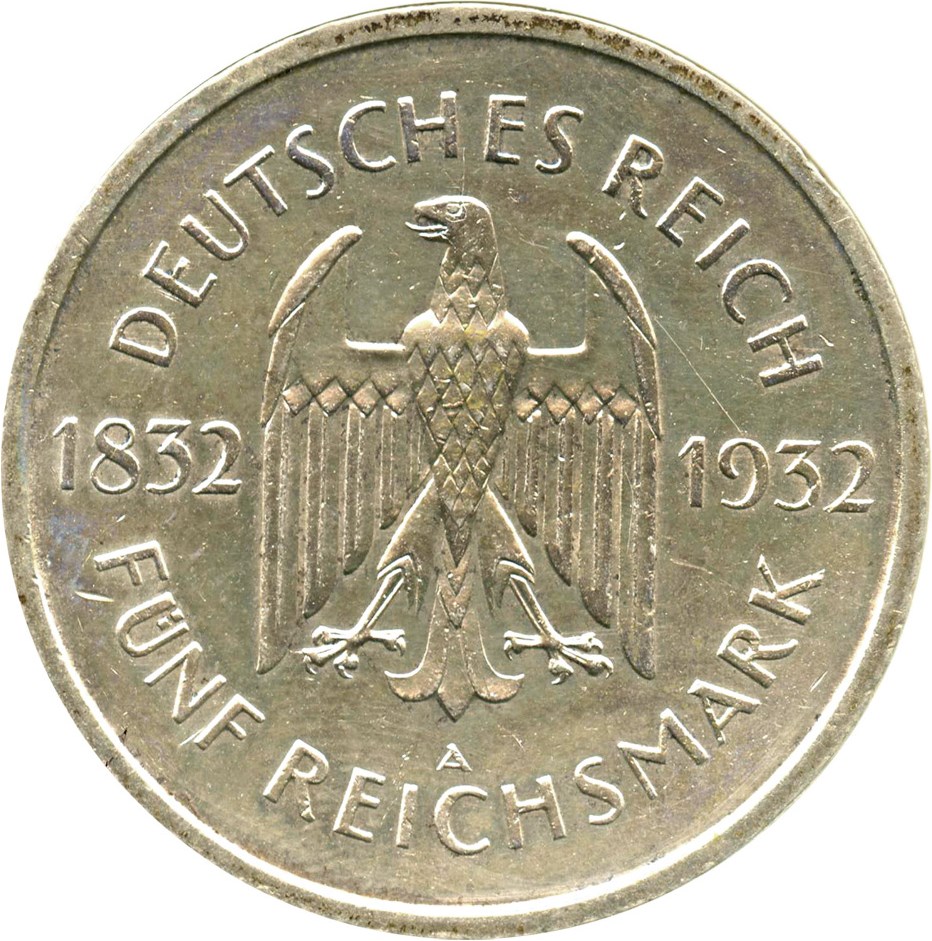image for: Germany: 1932-A Silver 5 Mark ANACS AU Details (Cleaned, Goethe, KM-77)