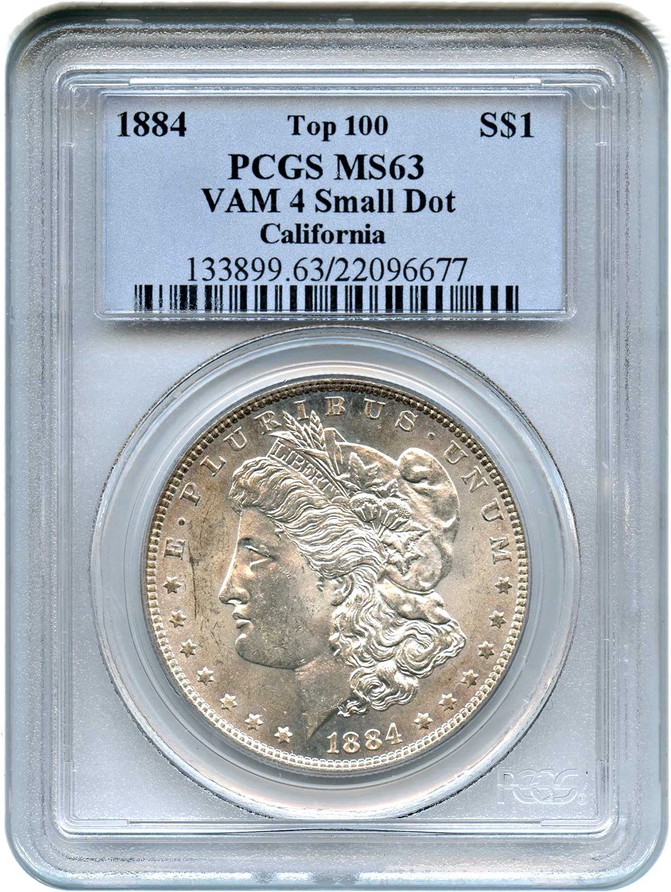 image for: 1884 $1 PCGS MS63 (VAM-4, Small Dot)