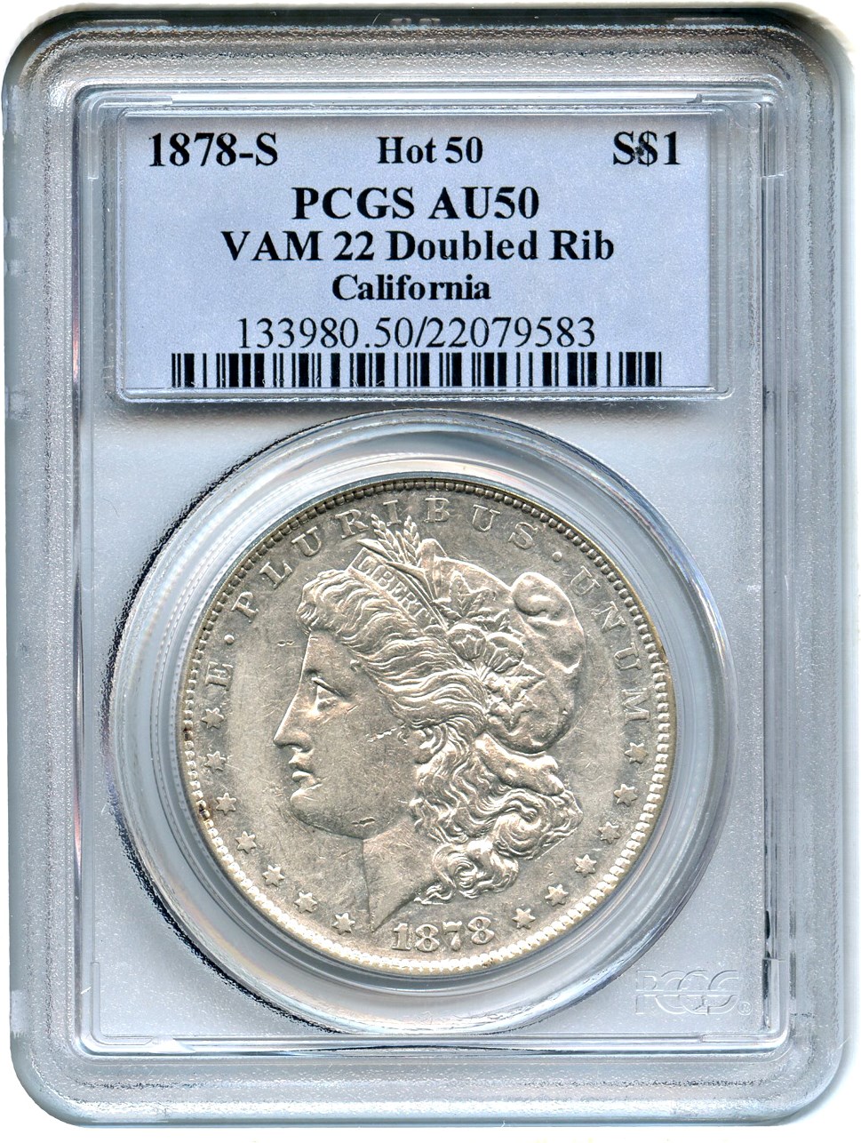 image for: 1878-S $1 PCGS AU50 (VAM-22, Doubled Rib)