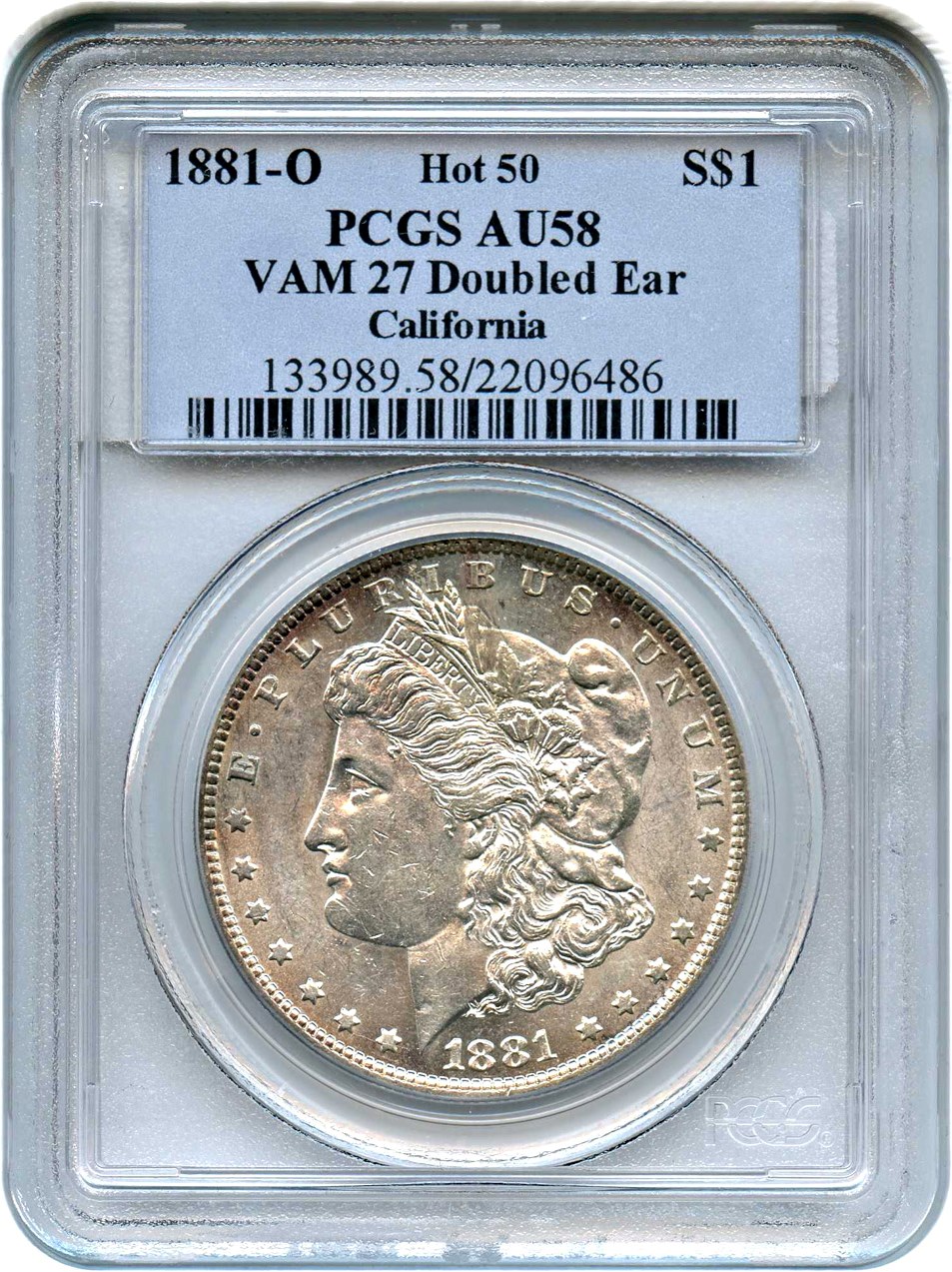 image for: 1881-O $1 PCGS AU58 (VAM-27, Doubled Ear)
